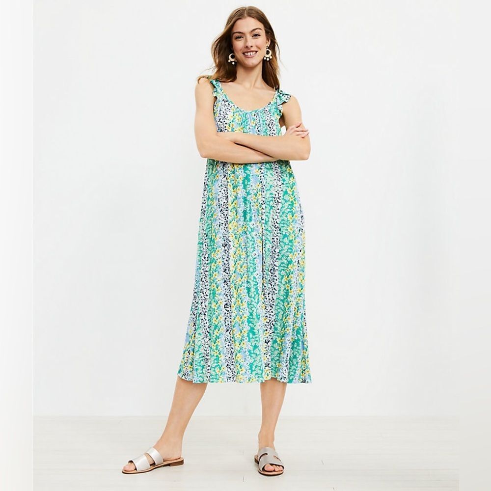 Loft Floral print Ruffle Strap loose Midi Dress Sz M 100% rayon